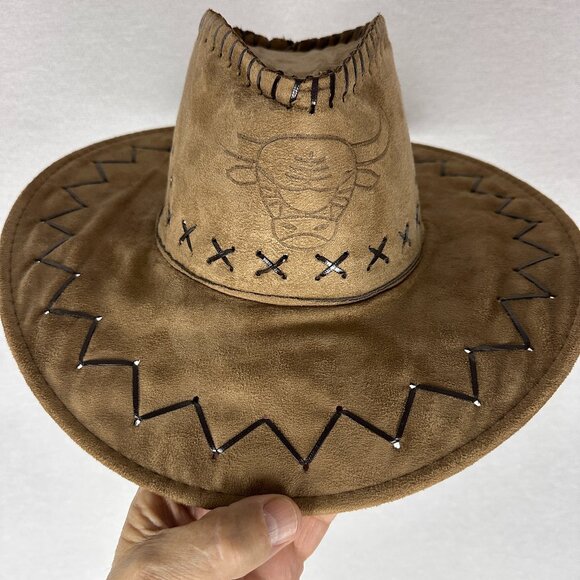 Other - TAN SUEDE LEATHER COWBOY HAT WITH BRAHMA BULL LOGO AND FLAT TUBE TRIM NWOT
